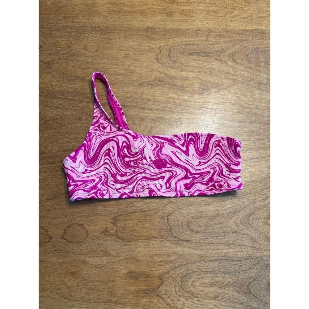 Cabana del Sol Marble Print One Shoulder Bikini Top Pink White Medium Juniors